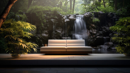 Modern sofa furniture in home garden with a mall waterfall background