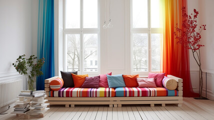 Multicolored modern sofa furniture in living room at home
