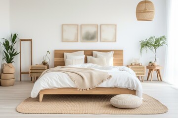 Close up of modern, wooden Scandinavian bedroom with rattan furniture in white tones, double bed, mirror, decorations. Generative AI