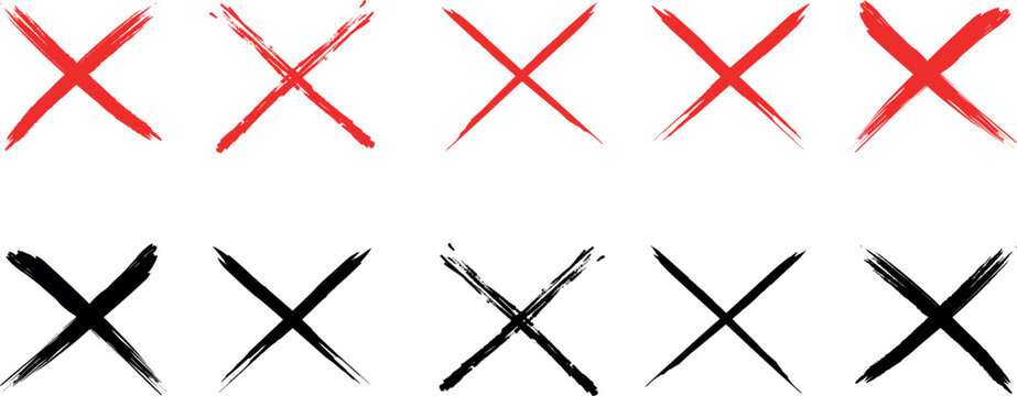Crosses, prohibition icon, crossed-out space. A set of crossed-out lines in black and red in grunge style. Sloppy hand drawing style