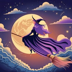 Halloween Witch Flying on Her Broom Poster Wall Art