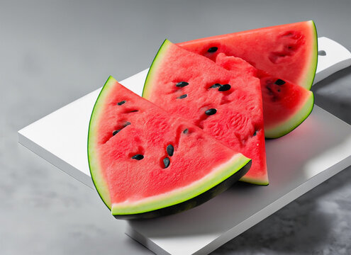 Slices of fresh watermelon on a white plate. 3d rendering. Generative AI