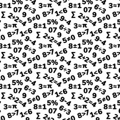 Seamless pattern of numbers and signs in flat style for kids education. Collection of black vector numbers on white background