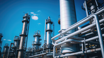 Fototapeta premium Tall metal smokestacks at an oil refinery, oil production plant, bright blue sky, sunny day, nobody. Creative industrial wallpaper. 