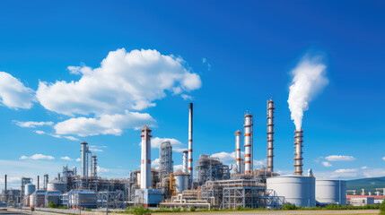 Fototapeta premium Tall metal smokestacks at an oil refinery, oil production plant, bright blue sky, sunny day, nobody. Creative industrial wallpaper. 