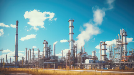 Fototapeta na wymiar Tall metal smokestacks at an oil refinery, oil production plant, bright blue sky, sunny day, nobody. Creative industrial wallpaper. 