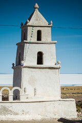 White bell tower of th Chantani church, Uyuni, Bolivia