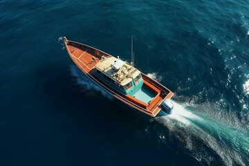 An aerial view of a fishing boat with a covered center console and two engines. Generative AI
