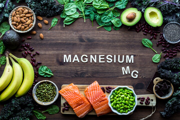 A top down view of an assortment of foods high in magnesium.