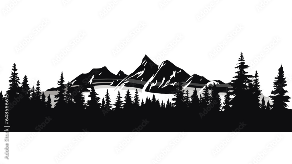 Wall mural black and white landscape, panorama of mountains in the morning haze, vector illustration