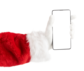 Santa hand holding phone with empty screen. Isolated on white background. Christmas concept.
