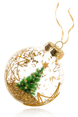 Christmas ornament with tree and golden glitters inside