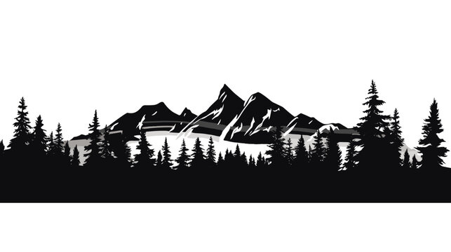 Black and white landscape, panorama of mountains in the morning haze, vector illustration