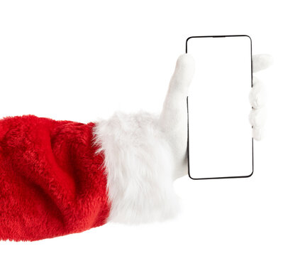 Santa hand holding phone with empty screen. Isolated on white background. Christmas concept.