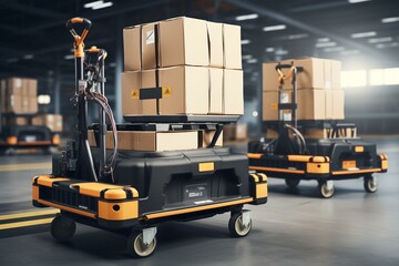 Electronic pallet truck transfers boxes using a connected system. Generative AI