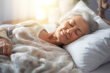 Relaxed mature woman lying on bed with closed eyes and closing eyes