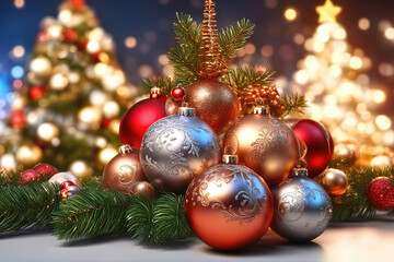 Christmas background with shiny balls, with blurred bokeh lights.