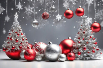 Christmas background with shiny balls, Christmas tree and blurred lights.