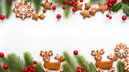 A festive Christmas border in a banner format, featuring green fir branches adorned with ginger Christmas glazed cookies shaped like blue mittens and snowflakes, as well as red berries. 