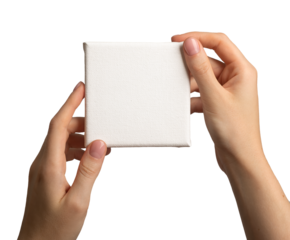 Hand holding blank empty white canvas mock up of square shape, isolated on white