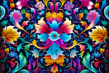 Seamless floral pattern with colorful flowers and leaves on dark background