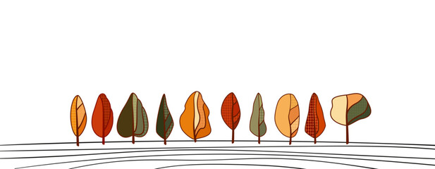 Banner with autumn trees and ink lines. Back to school. Hello, Autumn.