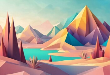 Desert landscape . Sun and mountain peakabstract scenery in pastel colors. Natural style vector background
