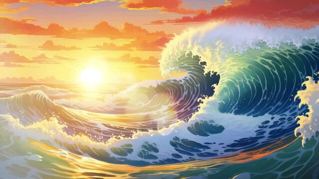 ocean wave in sunset background in anime illustration style, 4K animation