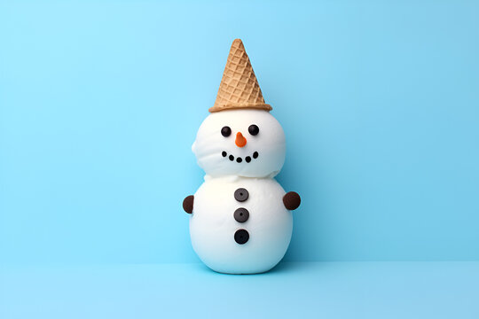 Snowman Ice Cream On Light Blue Background. Crispy Cone Hat On Soft Serve Vanilla Ice Cream. Christmas Holiday Concept, New Year Party Or Special Event