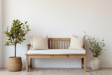 Boho white and beige interior with a wooden bench near the empty wall and green houseplants. Modern minimalist entryway in the house. Background for mockups. - obrazy, fototapety, plakaty