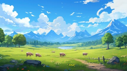 A beautiful clearing with grazing animals game art - obrazy, fototapety, plakaty