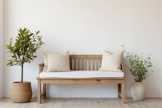 Boho white and beige interior with a wooden bench near the empty wall and green houseplants. Modern minimalist entryway in the house. Background for mockups.