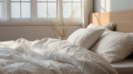 An untidy bed with crumpled white sheets and pillows