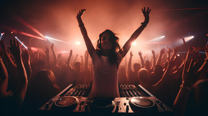 A female DJ performing in a nightclub while people dance to electronic music, techno, or rave tunes under the mesmerizing glow of laser spotlights. The nightclub's crowd energetically dances with thei - obrazy, fototapety, plakaty