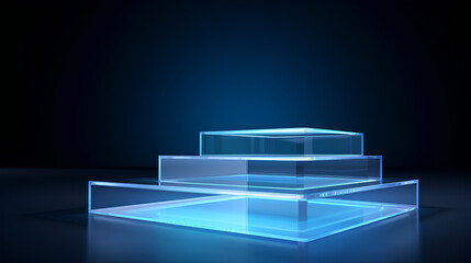 A 3D rendered representation of a glass podium or crystal staircase stage designed as a background for product presentations. This crystal blue display or glass pedestal stairs provide a sleek and mod