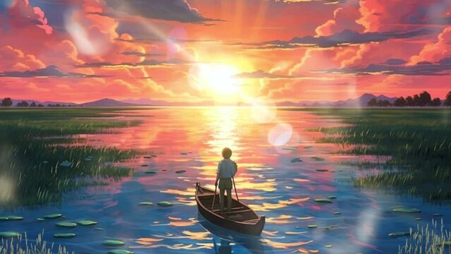 starbreflected in the water during sunset background in anime illustration style, 4K animation