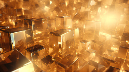 A background composed of golden crystals and glass cubes, presenting a captivating wallpaper with abstract light shining effects in a 3D perspective. - obrazy, fototapety, plakaty