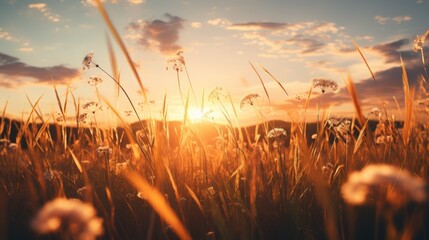 Grass field flower on sunset sky in golden hour.