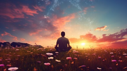 Man relax and meditate on grass field flower on sunset sky. 