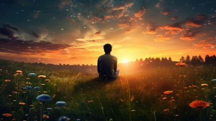 Man relax and meditate on grass field flower on sunset sky. 