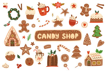 Christmas cooking set. Baked gingerbread cookies, house, hot winter holiday drinks, pudding, dessert, candy cane. Vector winter holiday food clip art, stickers, greeting card, party invitation, poster - 648570475