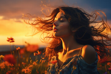 Beautiful woman relax on grass field flower on sunset sky 