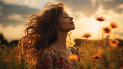 Beautiful woman relax on grass field flower on sunset sky 