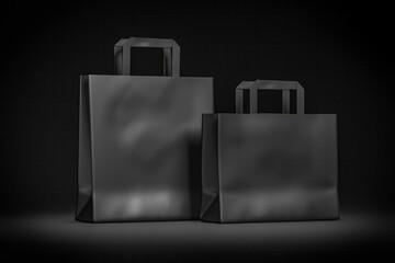 black paper shopper bag two different size - big and middle. luxury craft carton bags mockup layout for branding and identity logo. 3d render