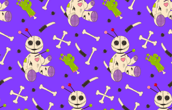 Colorful background for Halloween with voodoo doll. Scary doll with stilettos in retro cartoon style. Trendy, festive background.