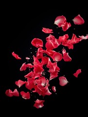 Falling in the air small rose petals isolated on black background