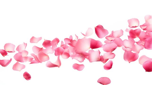 Falling in the air small rose petals isolated on white background