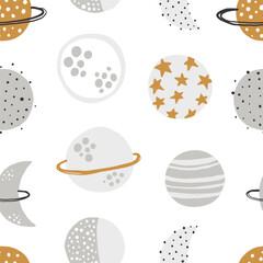 Vector hand-drawn seamless repeating color simple flat pattern with different planets on a white background. Seamless pattern with planets. Space. Mars, Saturn, the moon. Asteroid, meteorite, comet. © ZHUKO