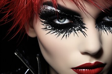 Glam Rock Beauty: Closeup of a Beautiful Girl with Dramatic Eyes in Punk Fashion and Artistic Style