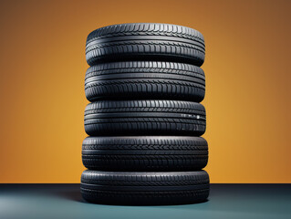 Fototapeta na wymiar Studio shot of stack of tires on brown background